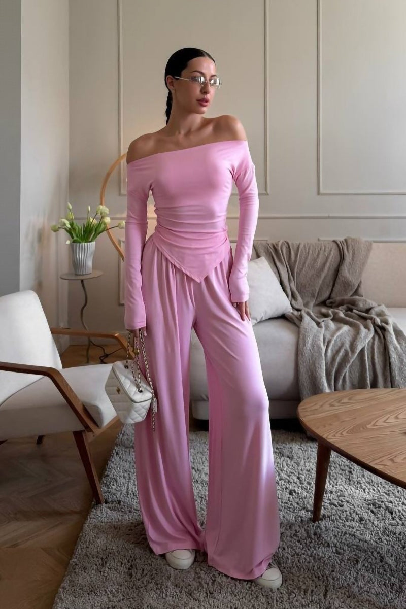 Off Shoulder Knit Top Wide Leg Pants Set