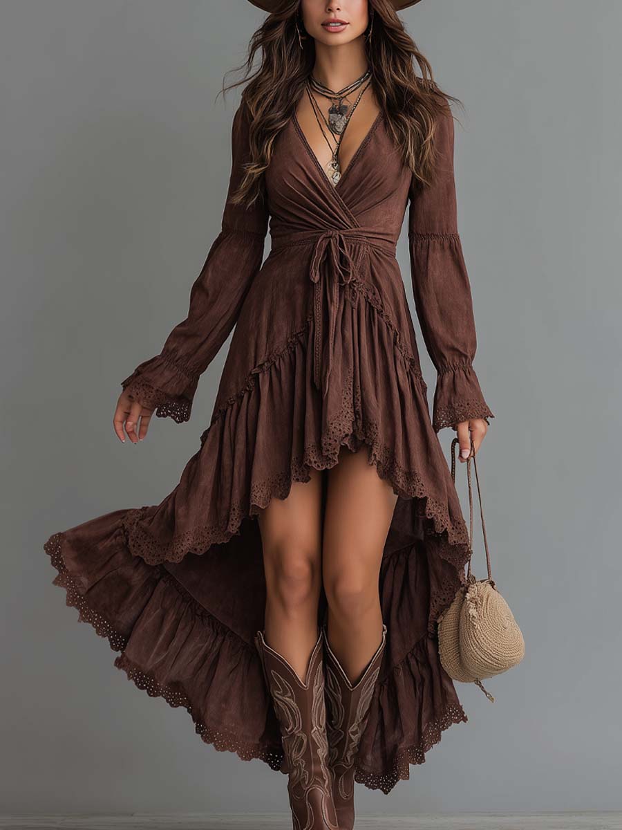 Retro-style Irregular Hem Lace Trim Denim Midi Dress