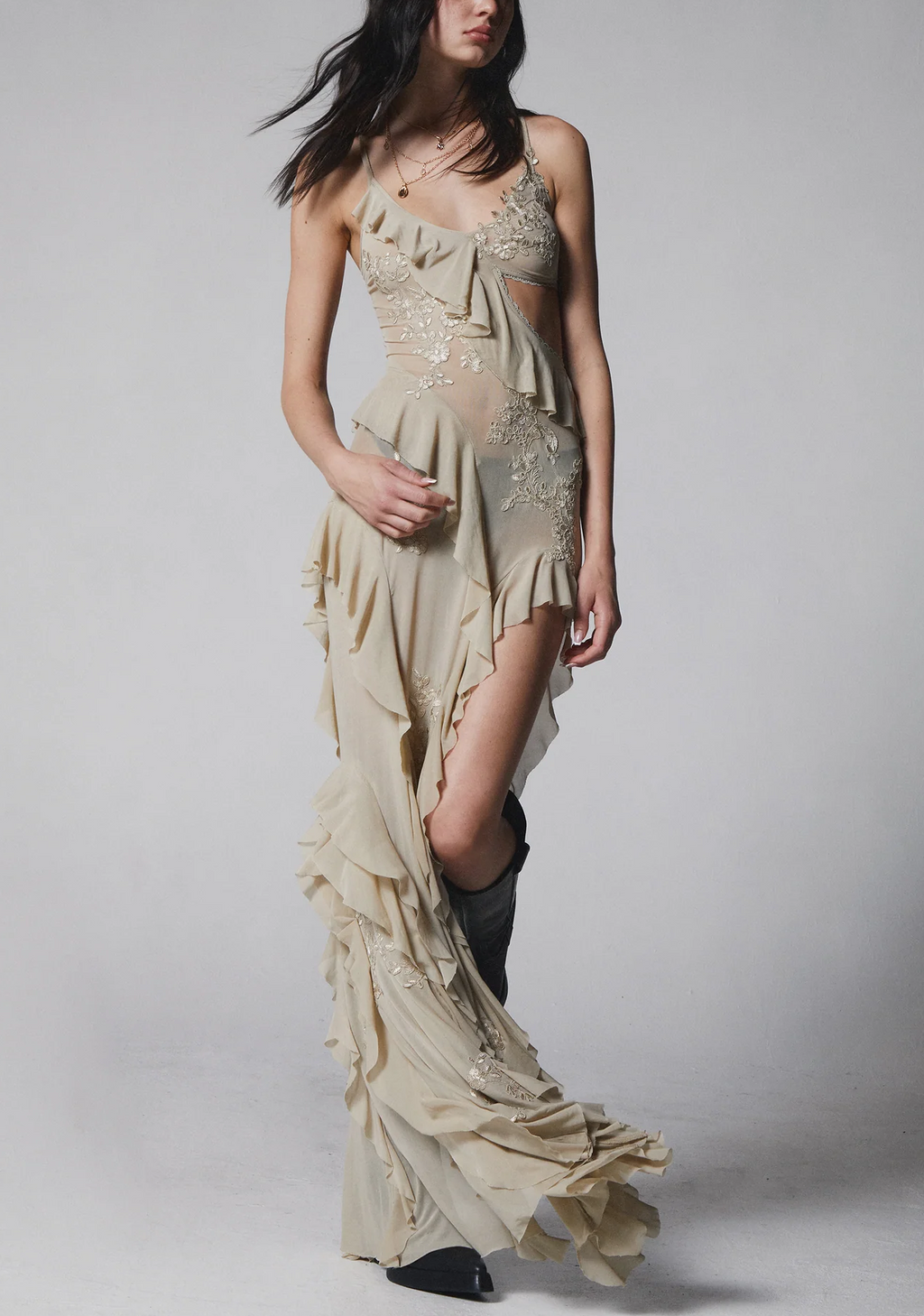Embroidered Lace Ruffle Sheer Slip Maxi Dress