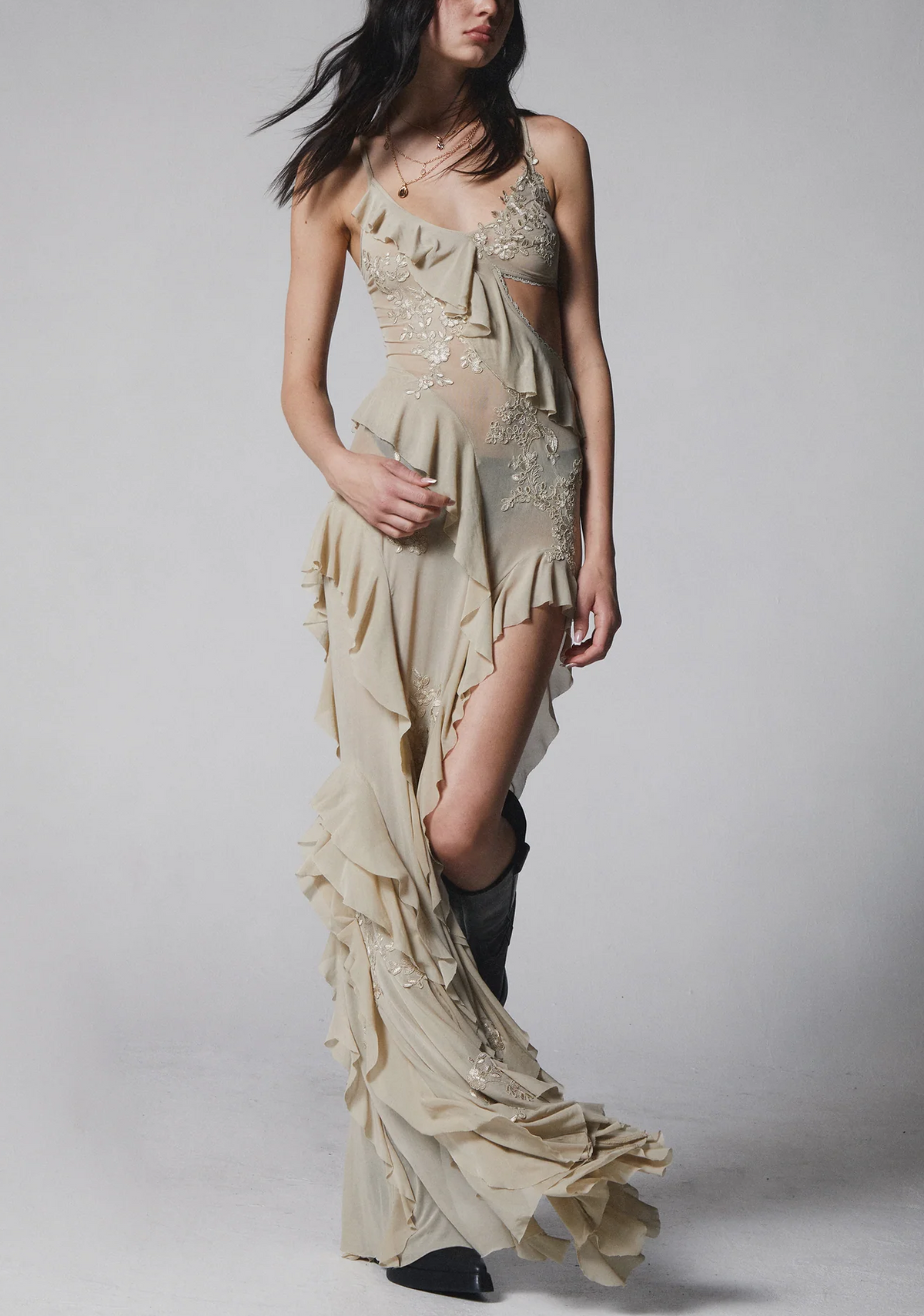 Embroidered Lace Ruffle Sheer Slip Maxi Dress