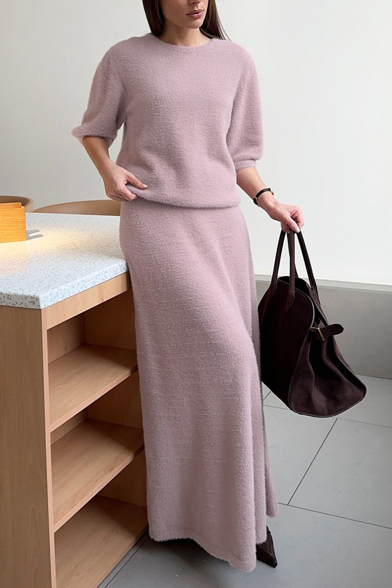 Elbow Sleeve Knit Top Maxi Skirt Set