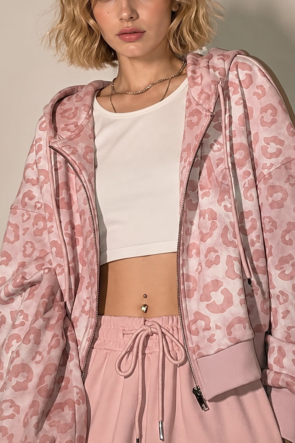 Pink Leopard Print Cropped Zip Hoodie
