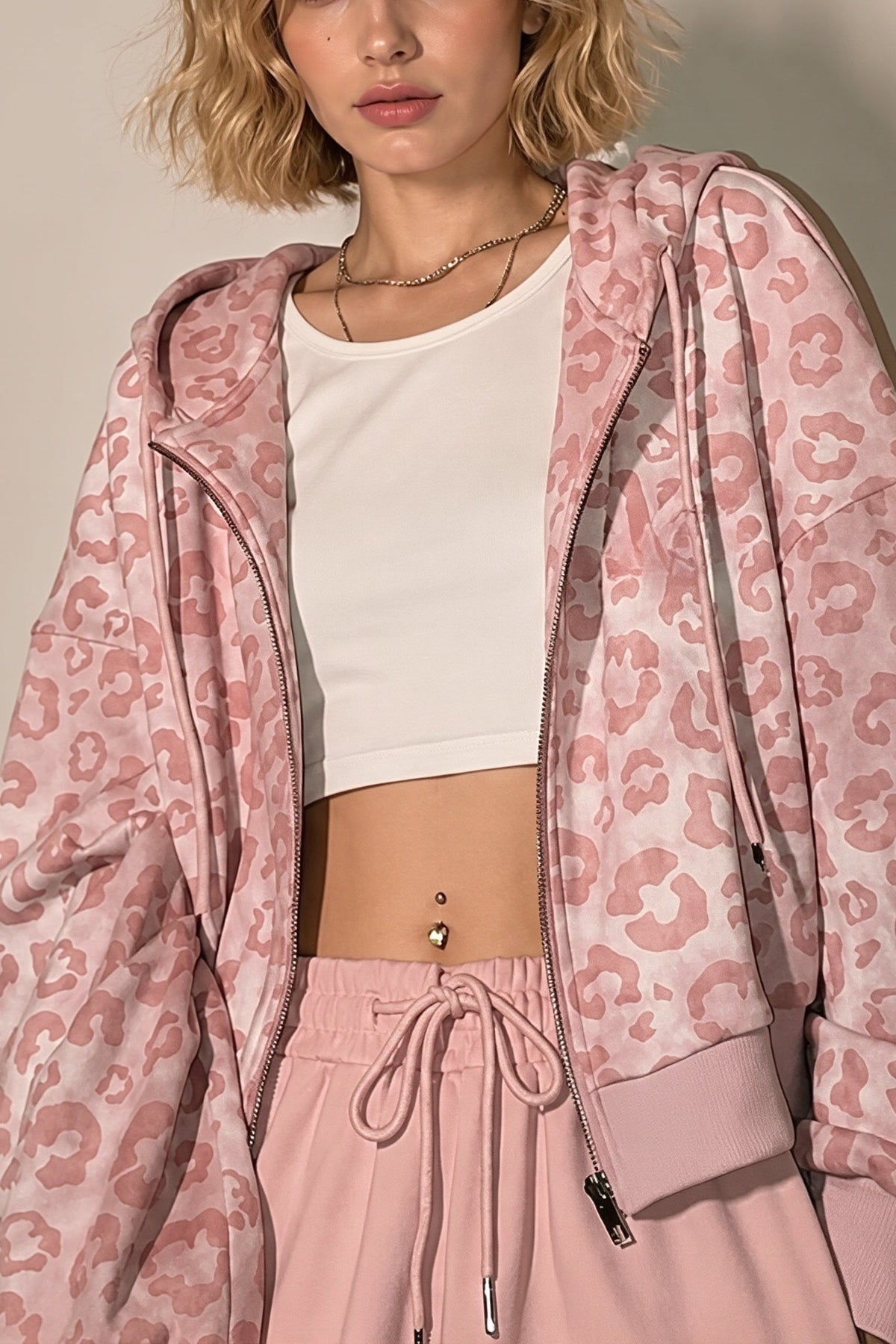 Pink Leopard Print Cropped Zip Hoodie