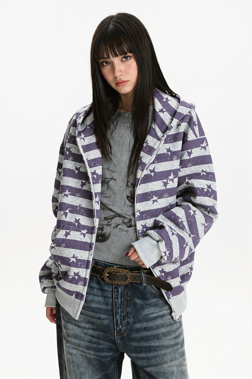 Striped Star Print Zip Hoodie