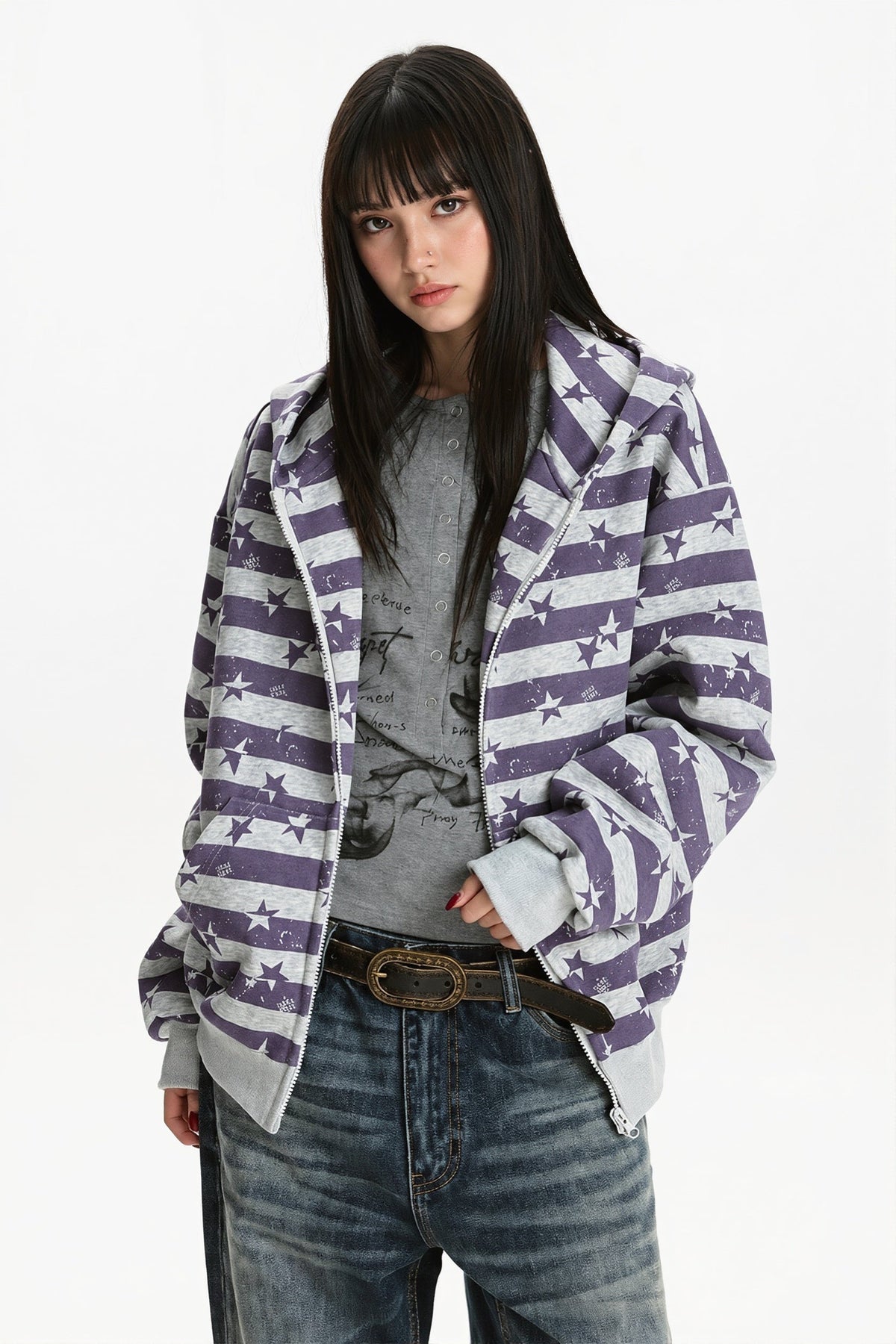 Striped Star Print Zip Hoodie