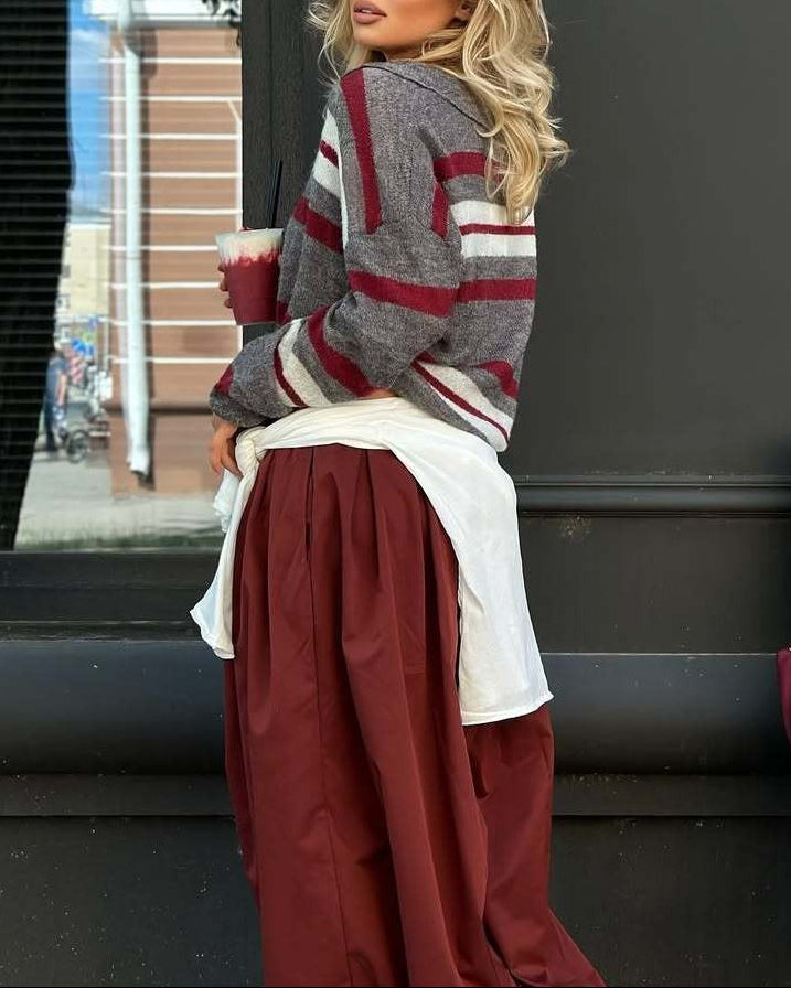Preppy Style Wide Stripe Polo Collar Knit Blouse
