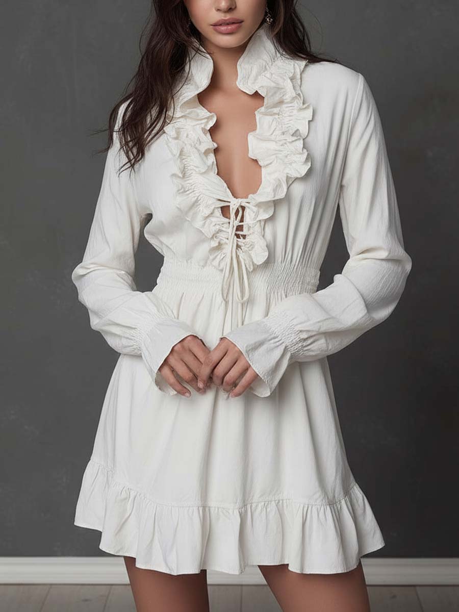 Romantic Ruffled Lace-Up Mini Dress