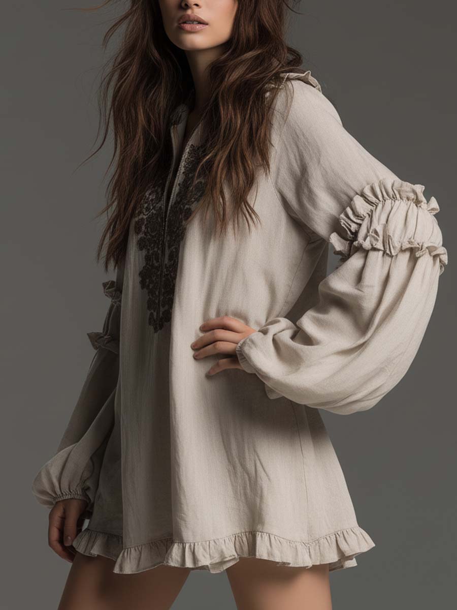 Ruffled Embroidered Boho Mini Dress