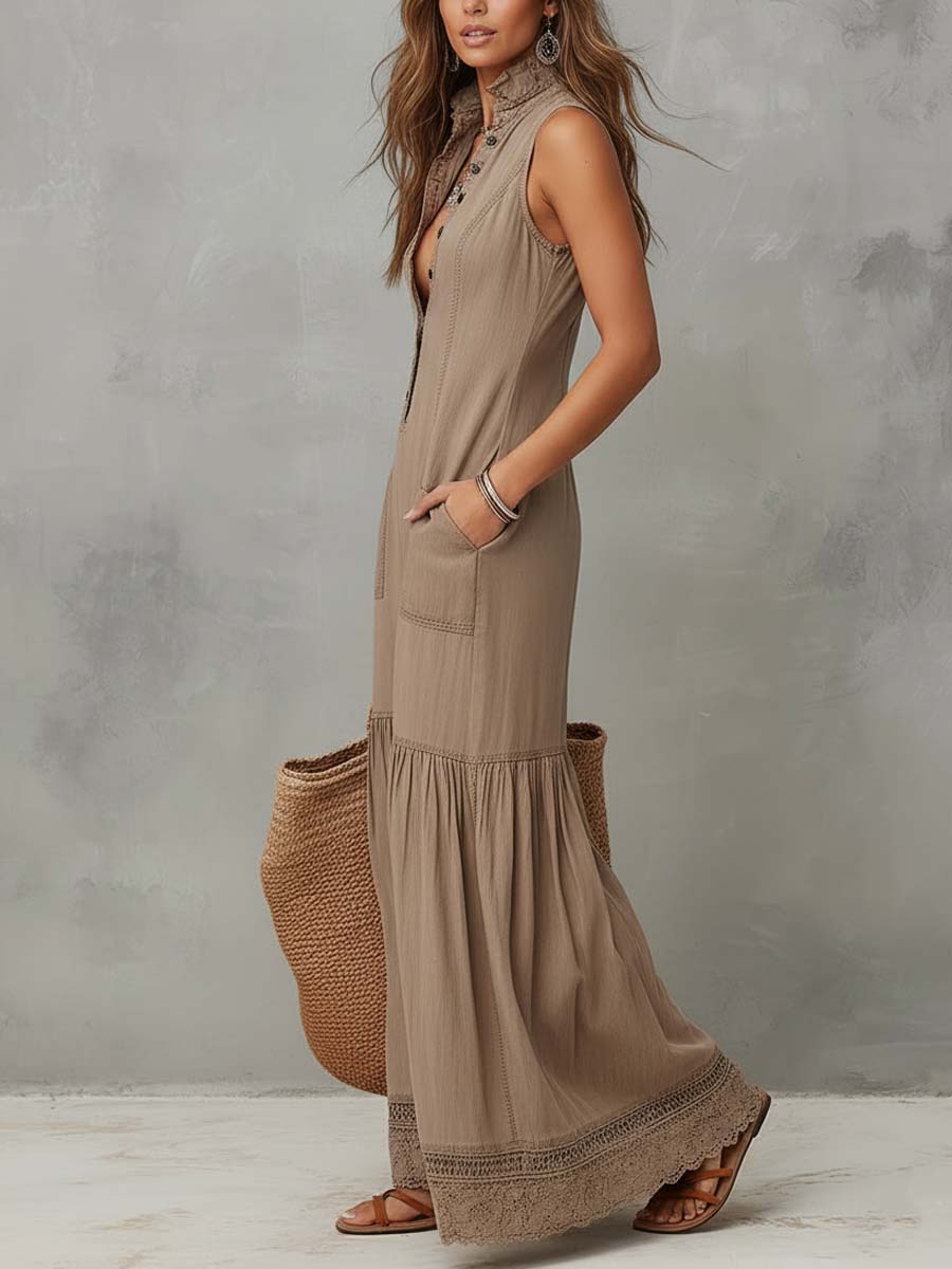 Classic Khaki Pure-Cotton Sleeveless Maxi Dress