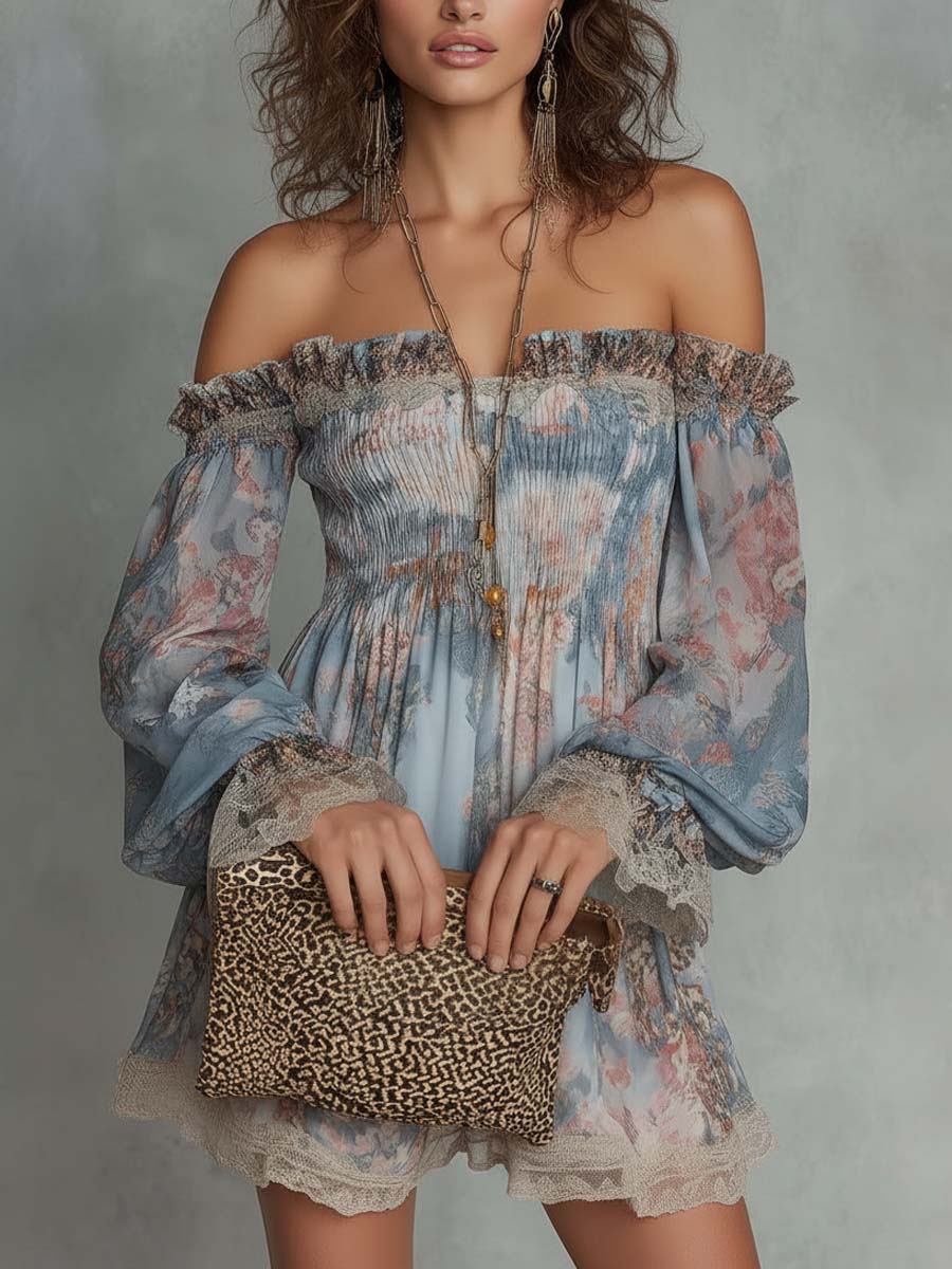 Off-Shoulder Smocked Chiffon Mini Dress