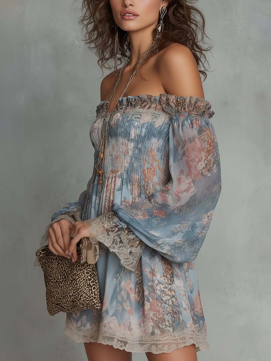 Off-Shoulder Smocked Chiffon Mini Dress