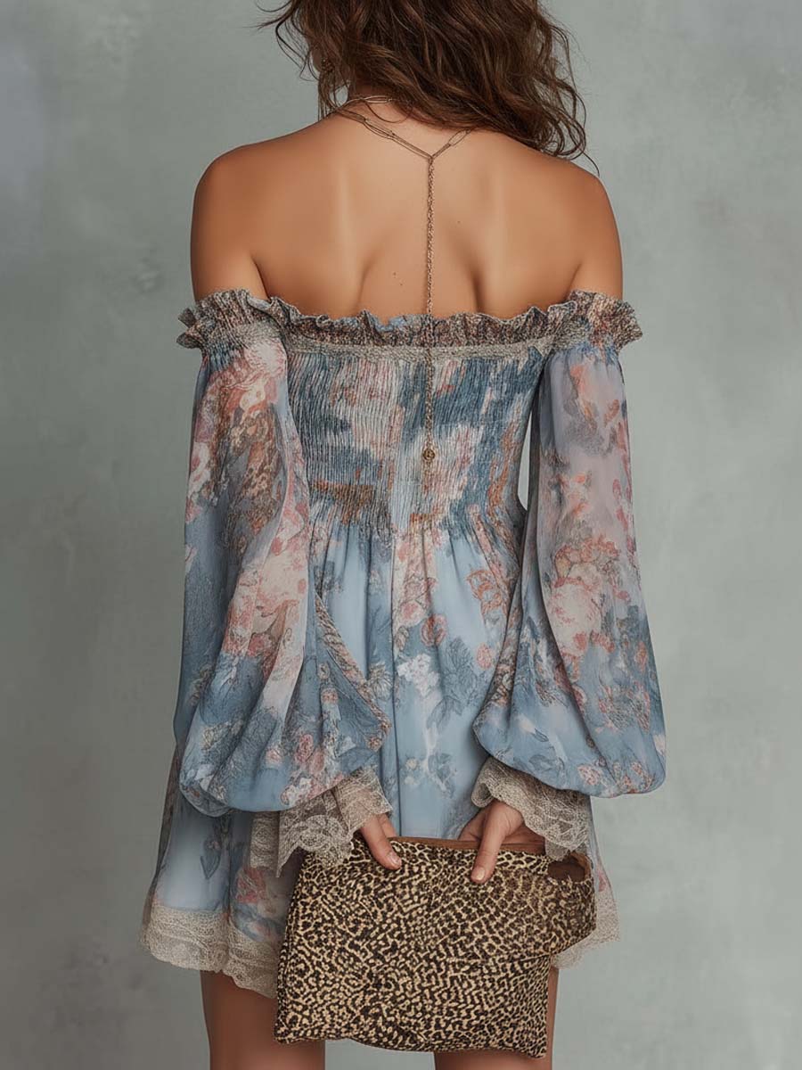 Off-Shoulder Smocked Chiffon Mini Dress