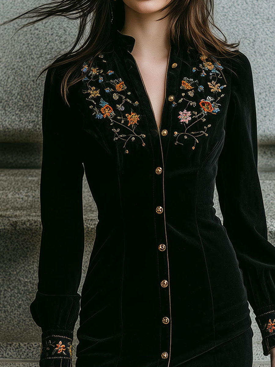 Timeless Boho Black Velvet Embroidered Mini Dress