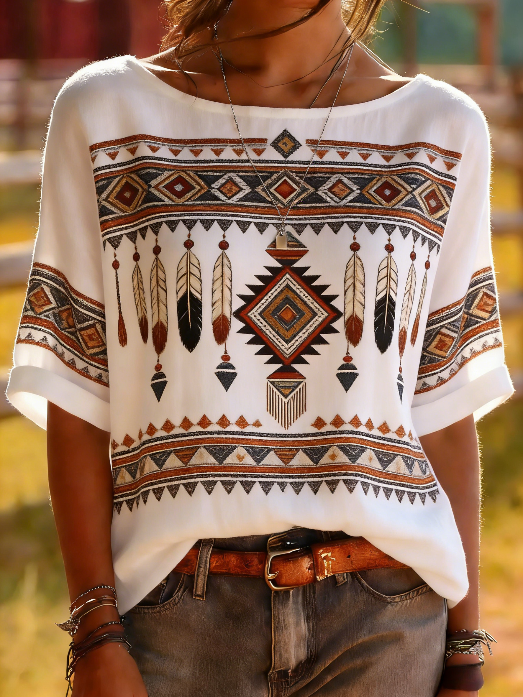 White Native American Feather Totem Print Top - Tribal Geometric Tee