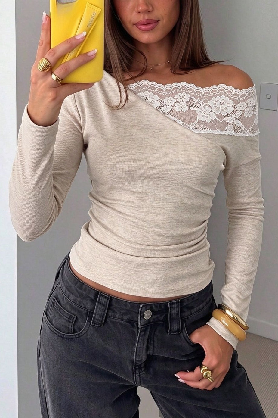Lace Panel Asymmetric Off Shoulder Blouse