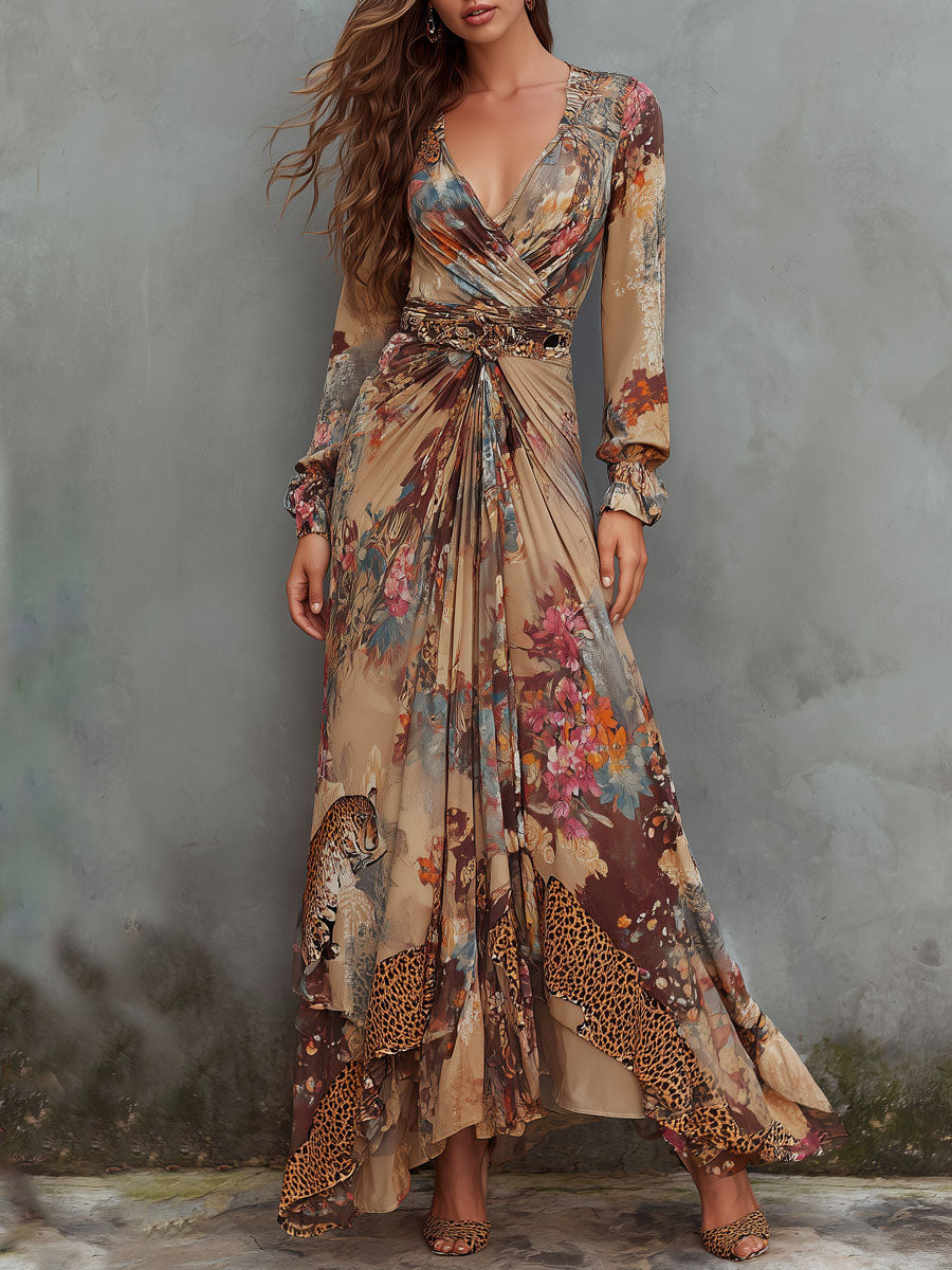 Romantic Flow Bohemian Leopard & Floral Chiffon Maxi Dress