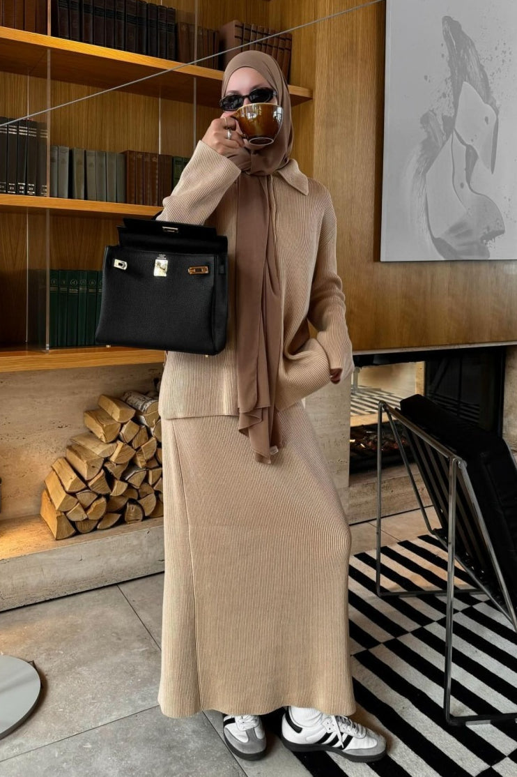 Polo Cardigan Midi Skirt Knit Set