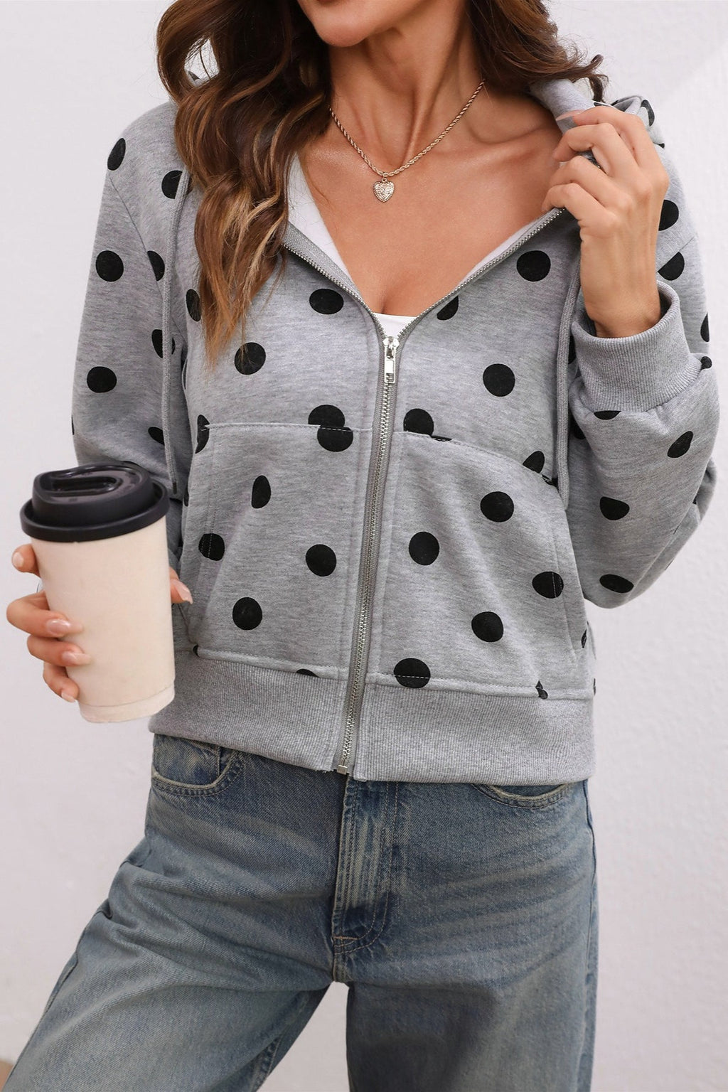 Polka Dot Cropped Zip Hoodie
