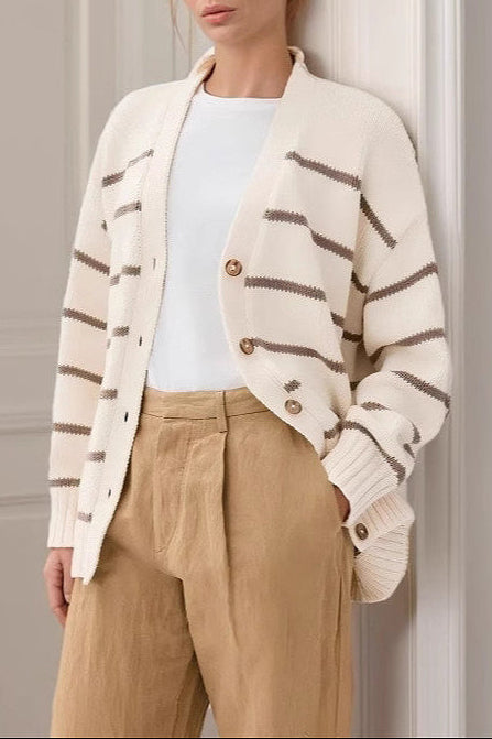Striped Cotton V Neck Knit Cardigan