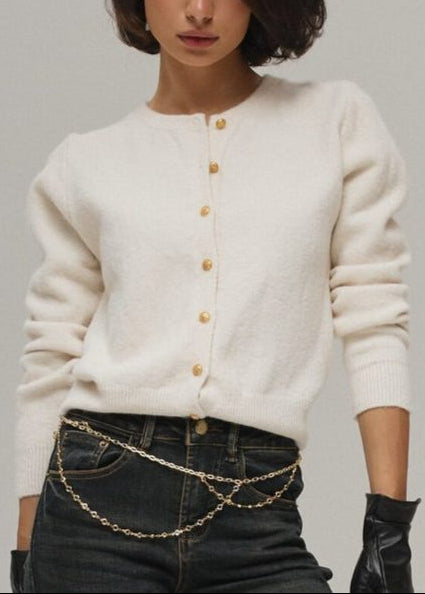 Minimalist Knitted Gold Buckle Crew Neck Cardigan