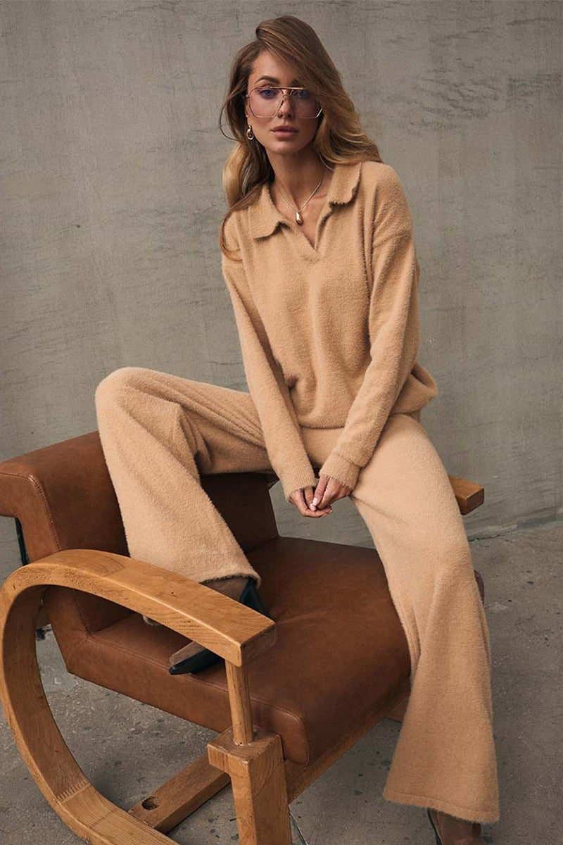 Faux Fur Polo Sweater Wide Leg Pants Set