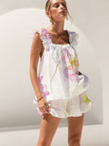 Vintage Flower Ruffled Trim Short Tank Top Shorts Pajama Set