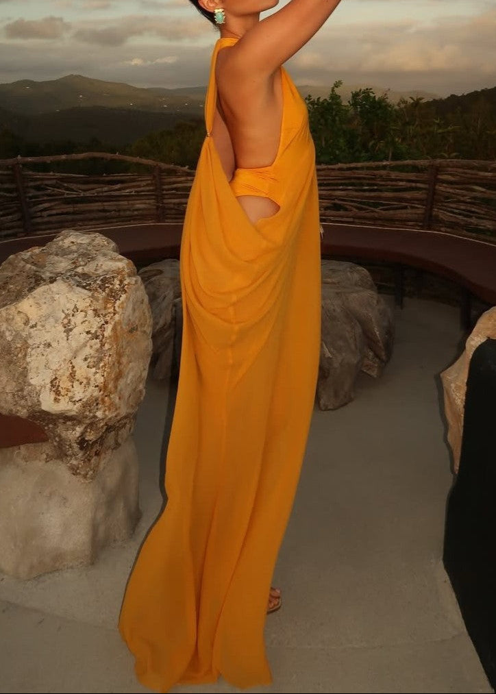 Draped Halter Cutout Waist Mermaid Gown