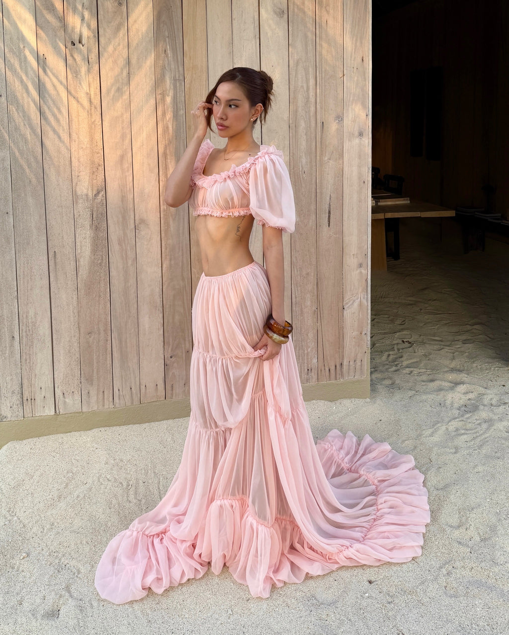 Puff Sleeve Backless Top & Tiered Maxi Skirt Set