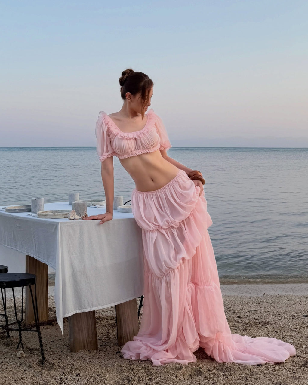 Puff Sleeve Backless Top & Tiered Maxi Skirt Set