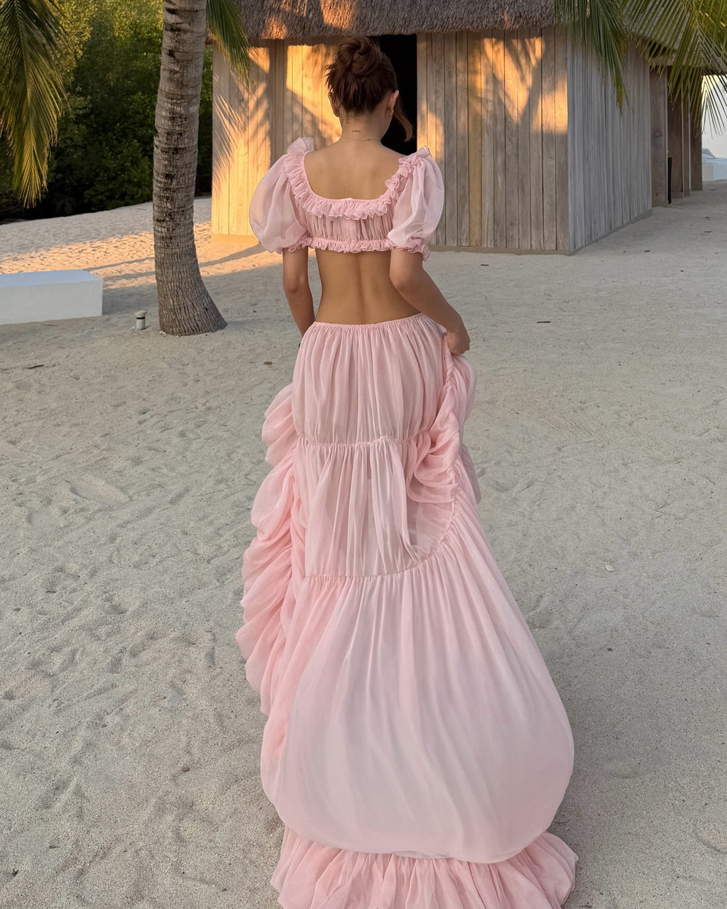 Puff Sleeve Backless Top & Tiered Maxi Skirt Set