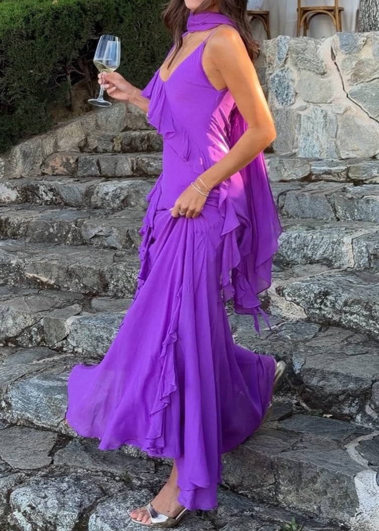 Scarf Neck Ruffle Chiffon Maxi Dress