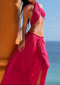 Fuchsia Halter Cutout Crop Top & Flowy Maxi Skirt 2 Piece Vacation Set