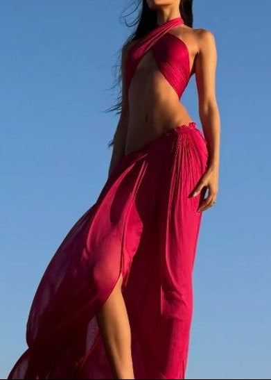 Fuchsia Halter Cutout Crop Top & Flowy Maxi Skirt 2 Piece Vacation Set