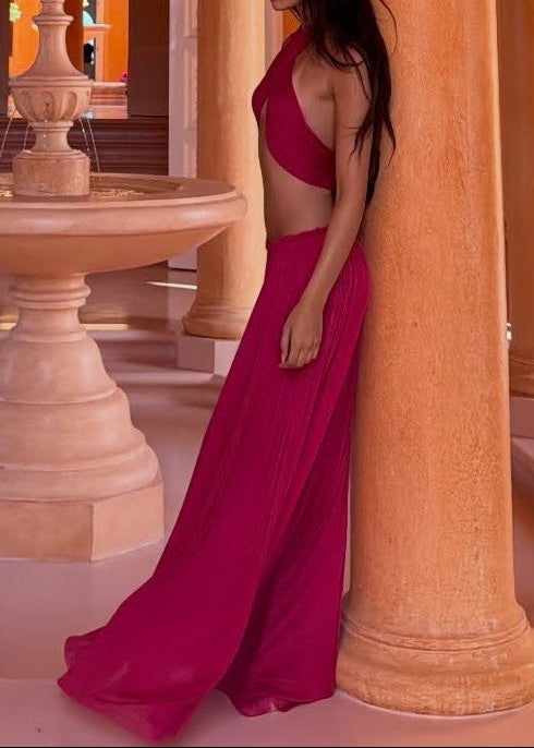 Fuchsia Halter Cutout Crop Top & Flowy Maxi Skirt 2 Piece Vacation Set