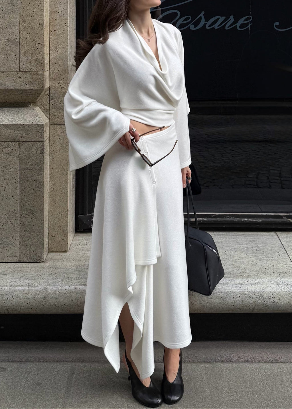 Cowl Neck Asymmetric Draped Skirt Set