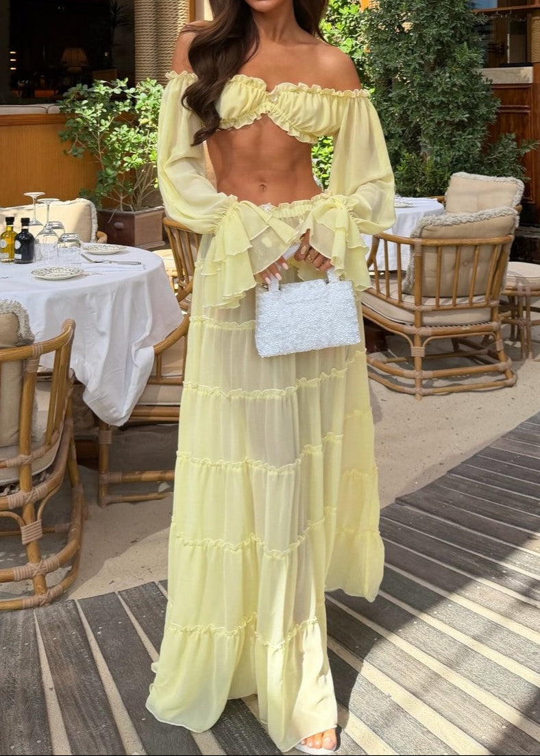 Off Shoulder Ruffled Crop Top And Tiered Skirt Set