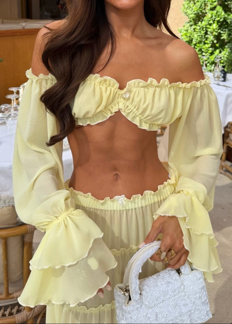 Off Shoulder Ruffled Crop Top And Tiered Skirt Set