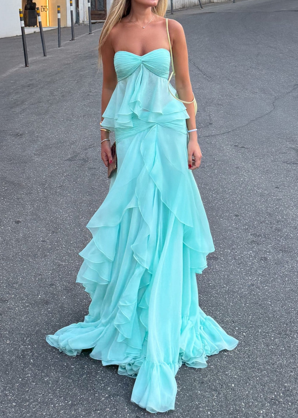 Strapless Twist-Knot Tiered Ruffle Chiffon Two-Piece Set