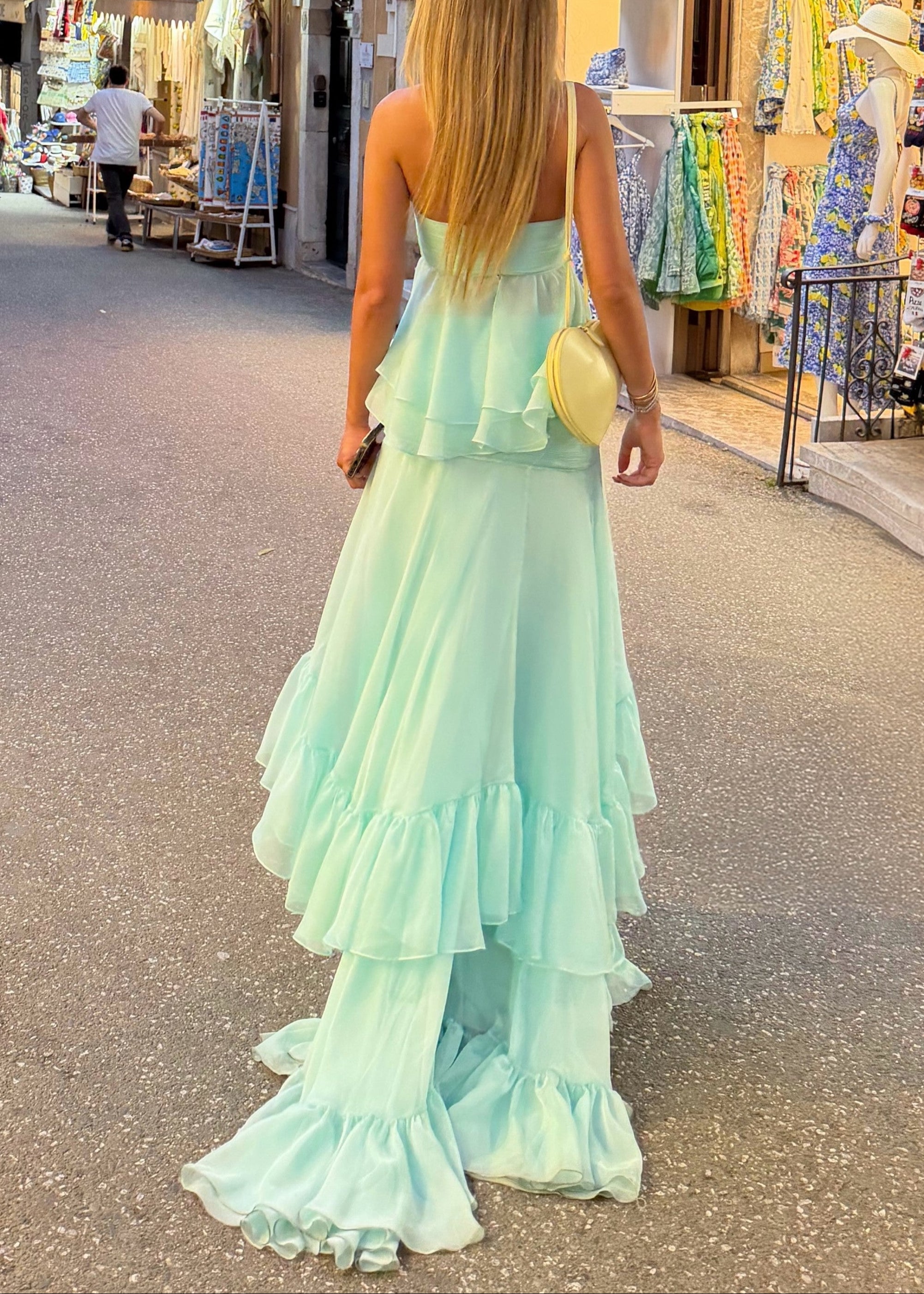 Strapless Twist-Knot Tiered Ruffle Chiffon Two-Piece Set