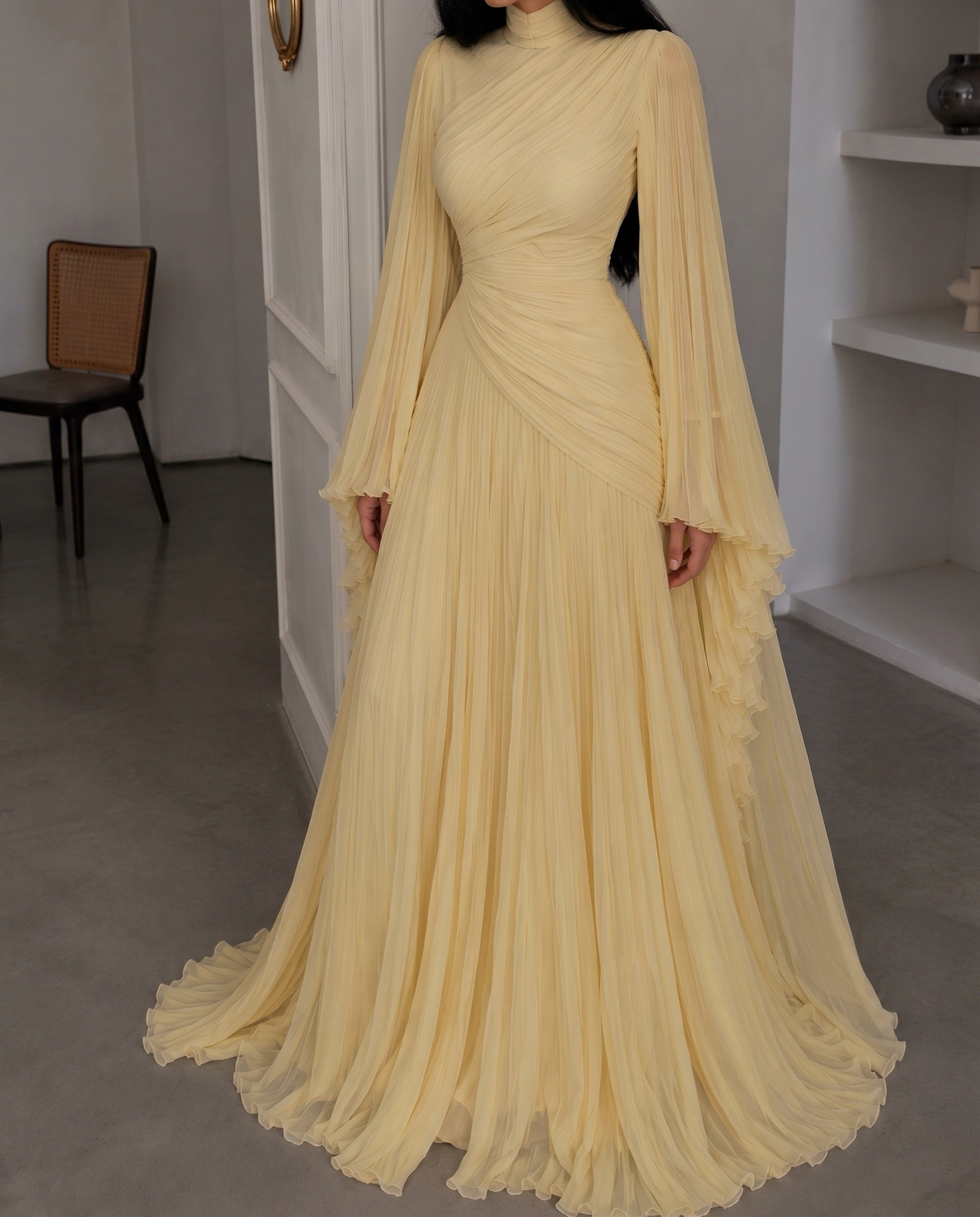 High Neck Ruched Pleated Balloon Sleeve Maxi Dress