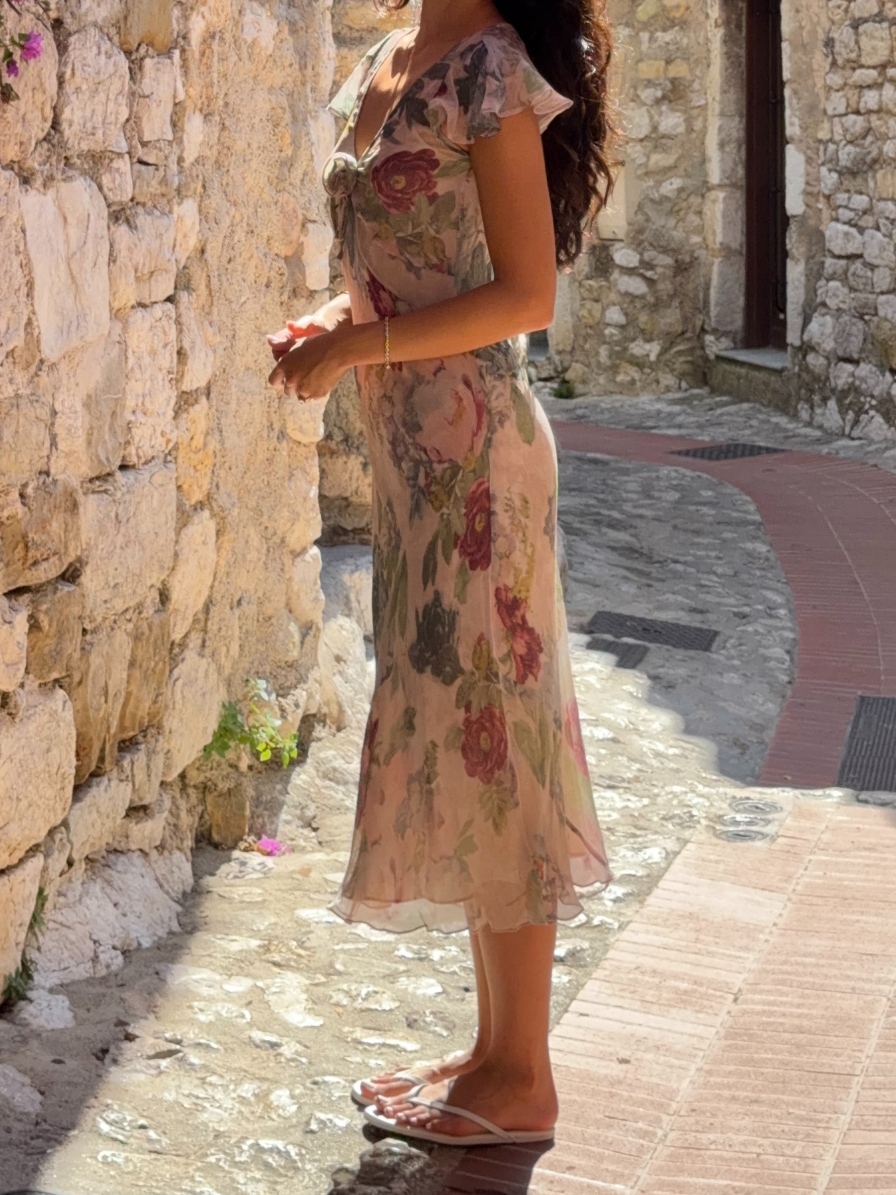 Floral Print V-Neck Twist Front Flutter Sleeve Dress
