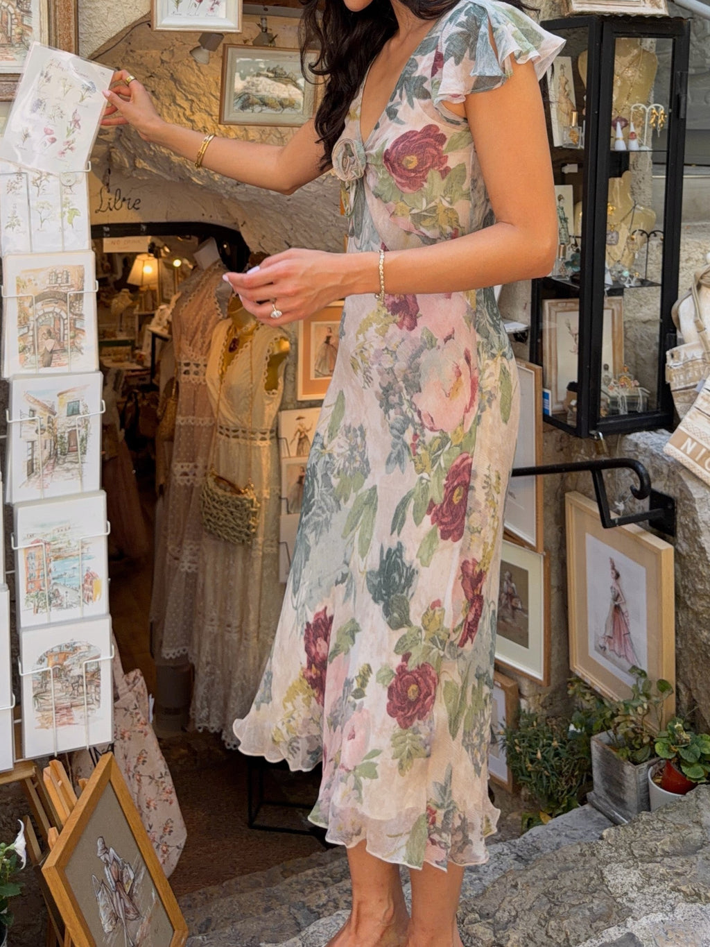 Floral Print V-Neck Twist Front Flutter Sleeve Dress