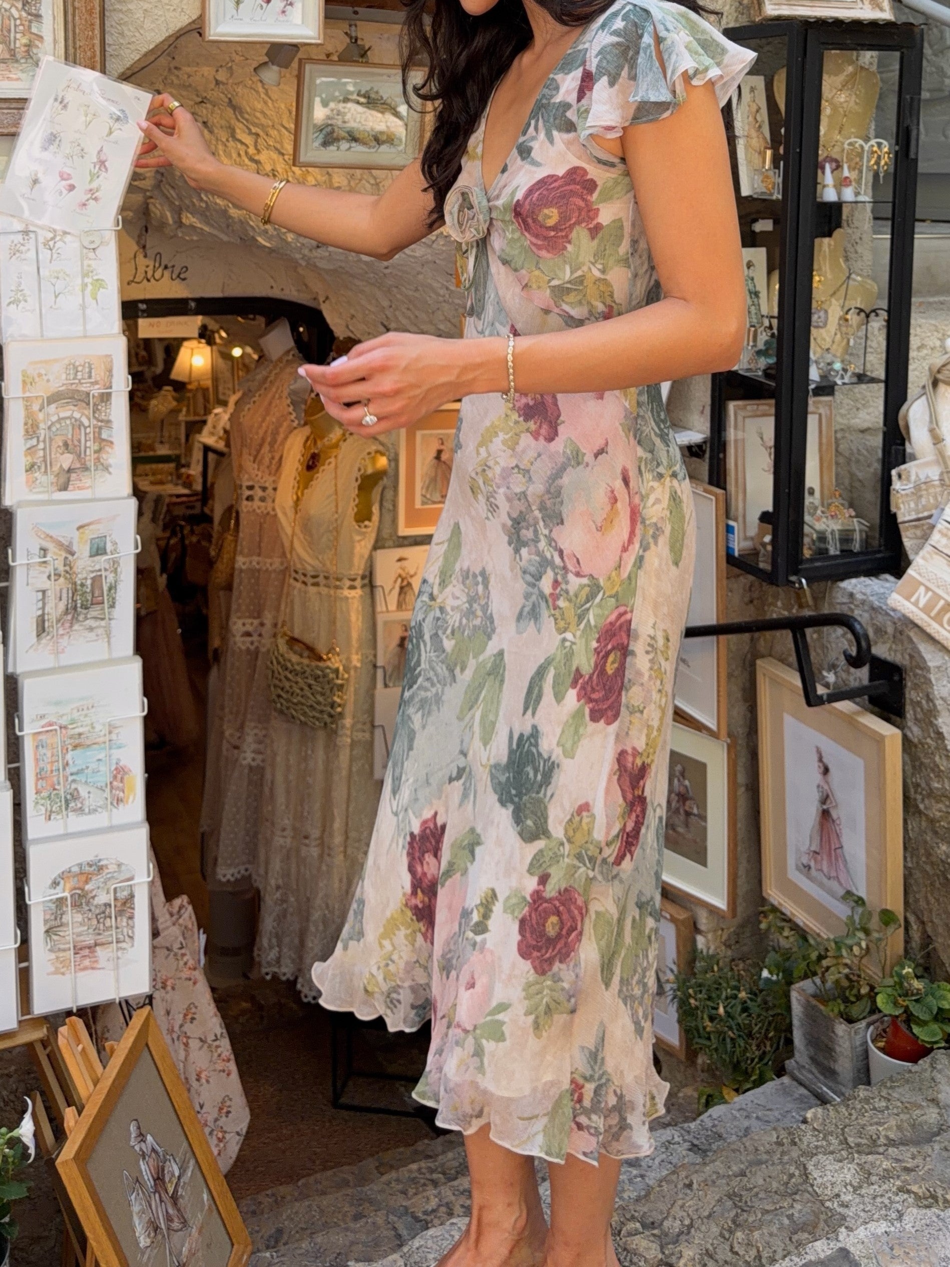 Floral Print V-Neck Twist Front Flutter Sleeve Dress