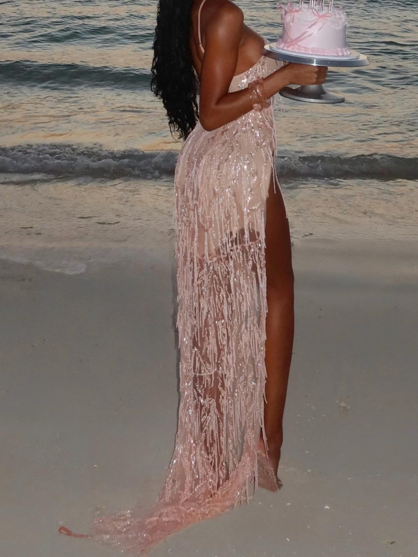 Sheer Beaded Fringe Detail Halter Maxi Dress