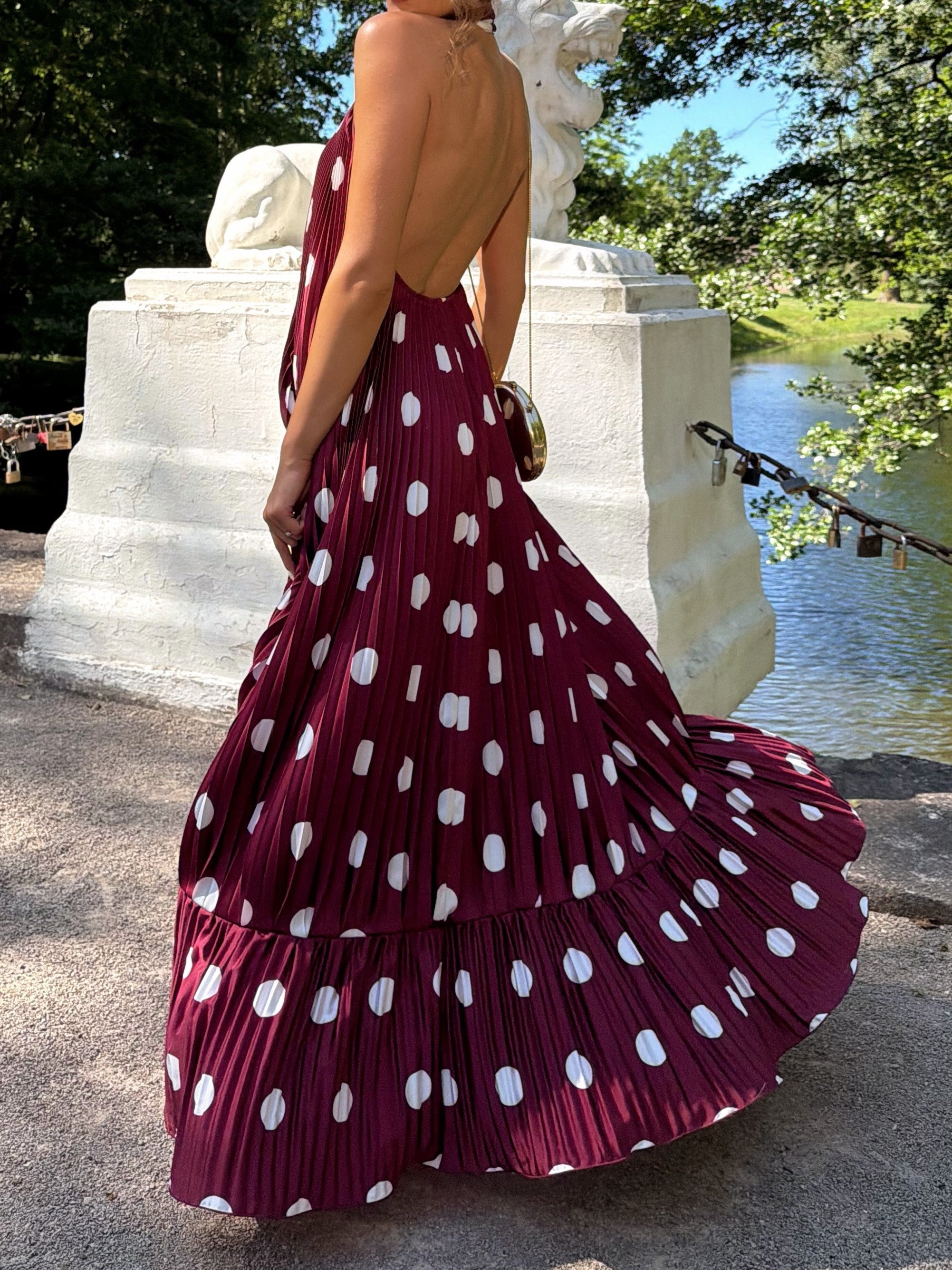 Burgundy Pleated Halter Polka Dot Maxi Dress