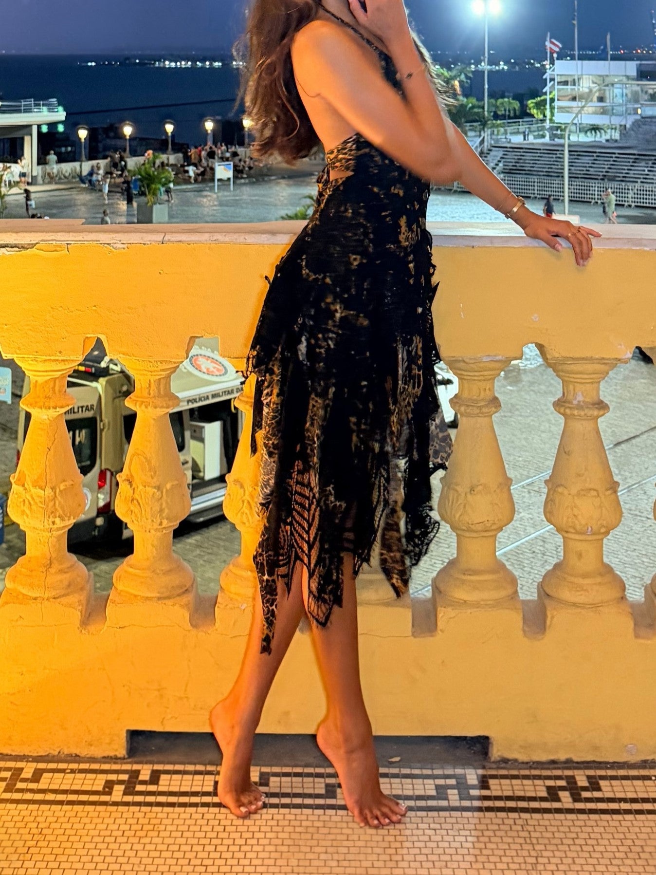 Black Textured Lace Up High Slit Mini Dress