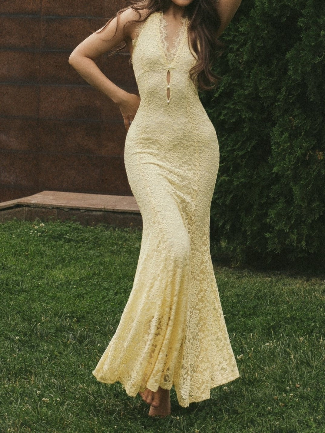 Pale Yellow Halter Lace Cutout Maxi Dress