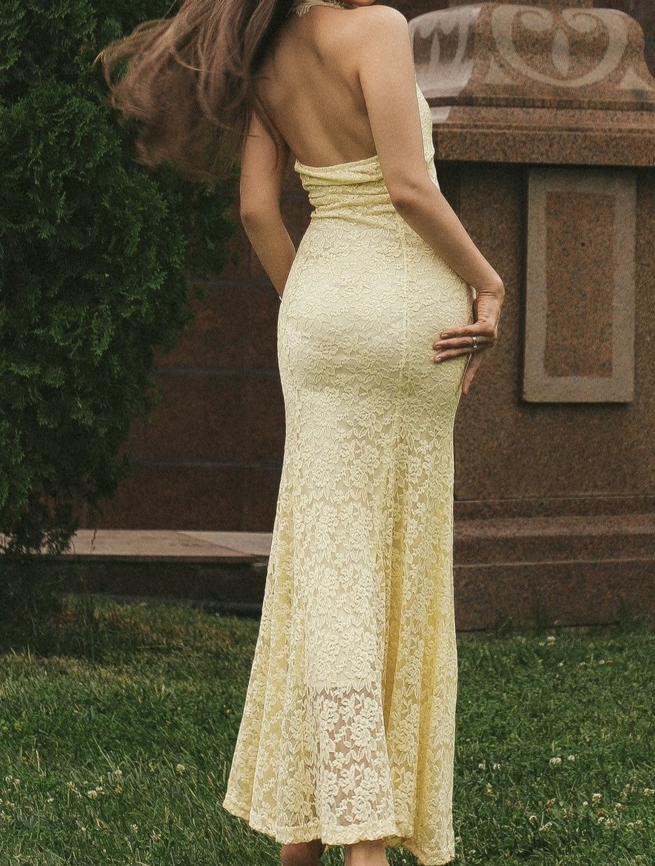 Pale Yellow Halter Lace Cutout Maxi Dress
