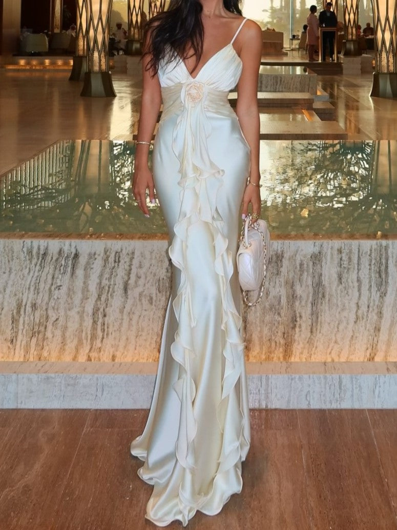 Spaghetti Strap Satin Gown With Rosette Detail