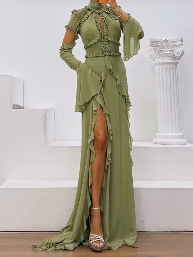 Cold Shoulder Ruffled High Slit Chiffon Gown